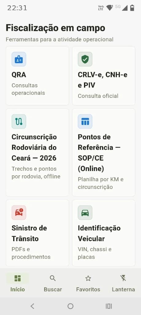 Módulo Fiscalização em Campo do Fiscaliza: ferramentas operacionais para QRA, CRLV-e, CNH-e, PIV, circunscrição 2026, sinistros e identificação veicular.