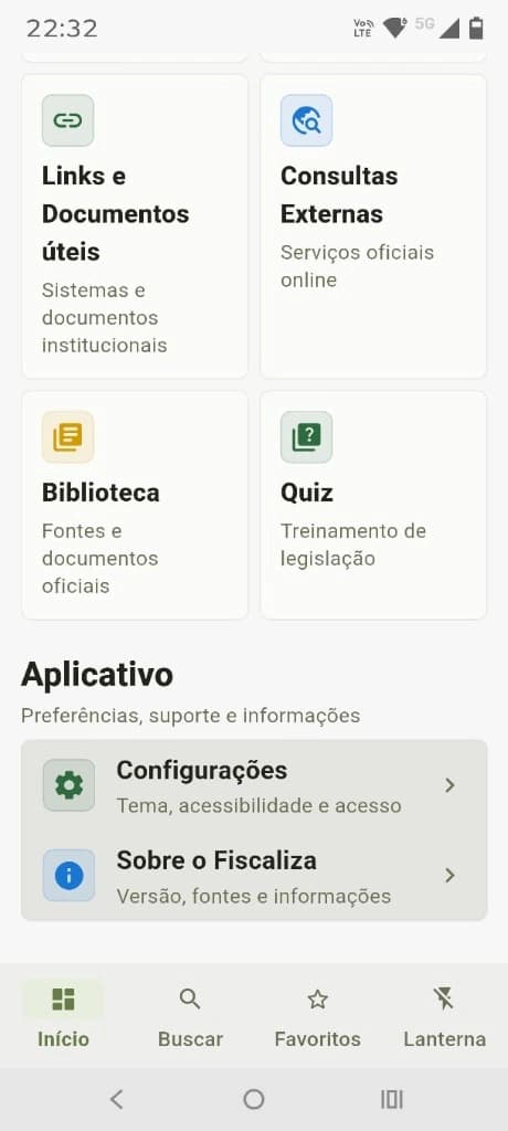 Módulo do aplicativo com acervo normativo da Biblioteca, Quiz prático de legislação, configurações de tema e suporte.